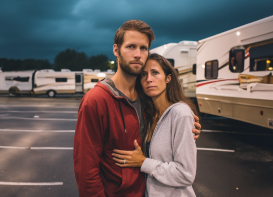 couple with rv in walmart parking lot